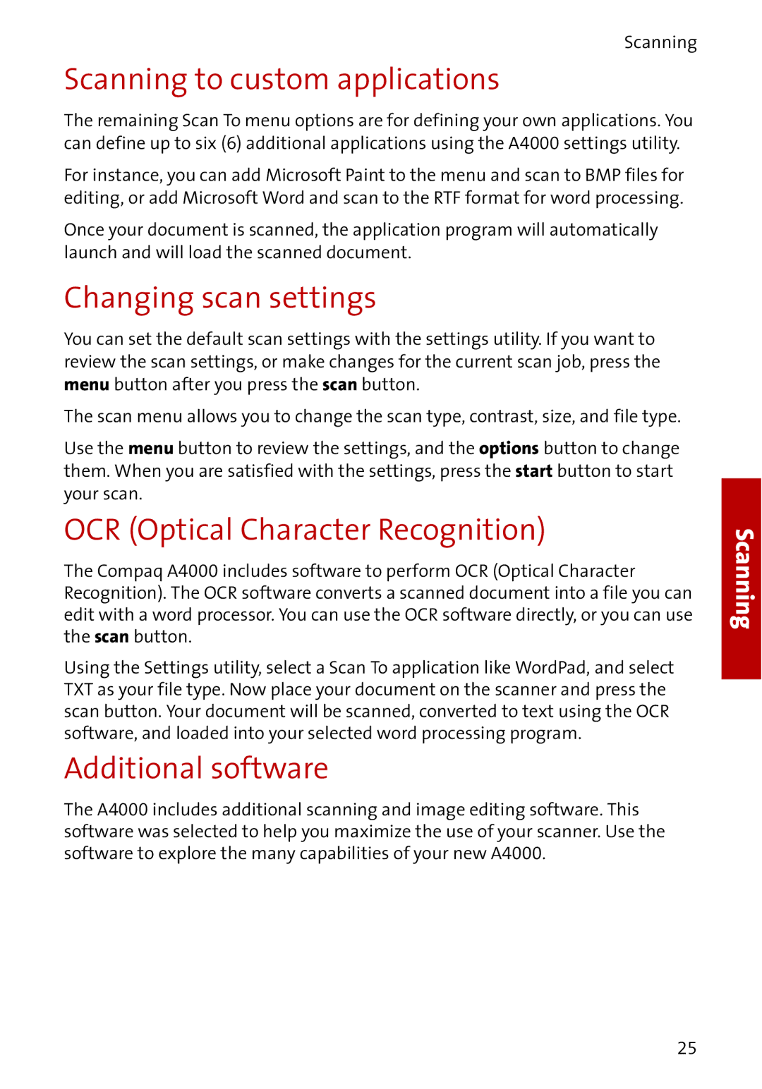 Compaq A4000 manual Scanning to custom applications, Changing scan settings, OCR Optical Character Recognition 