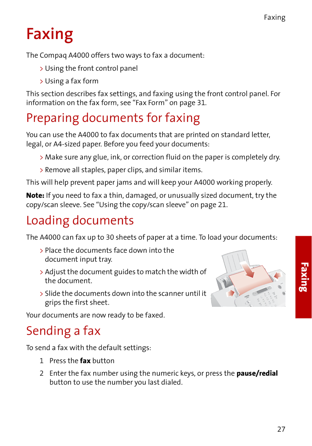 Compaq A4000 manual Faxing, Preparing documents for faxing, Sending a fax 