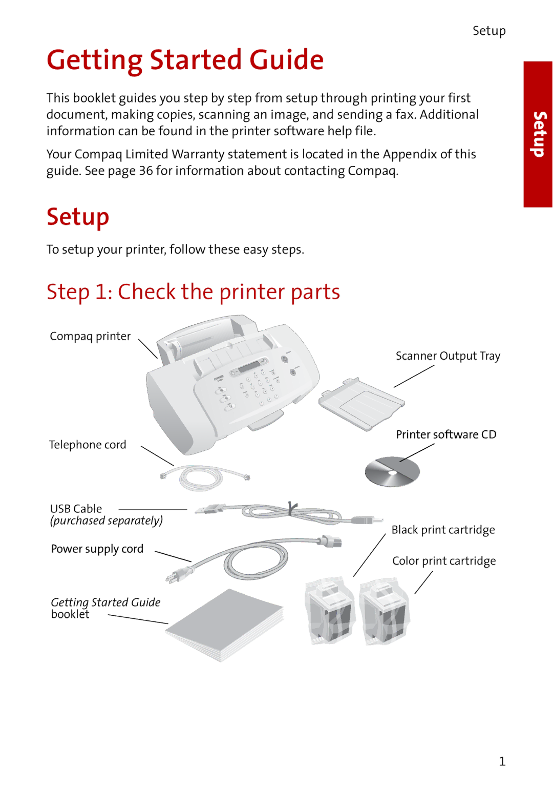 Compaq A4000 manual Getting Started Guide, Check the printer parts, Setup 