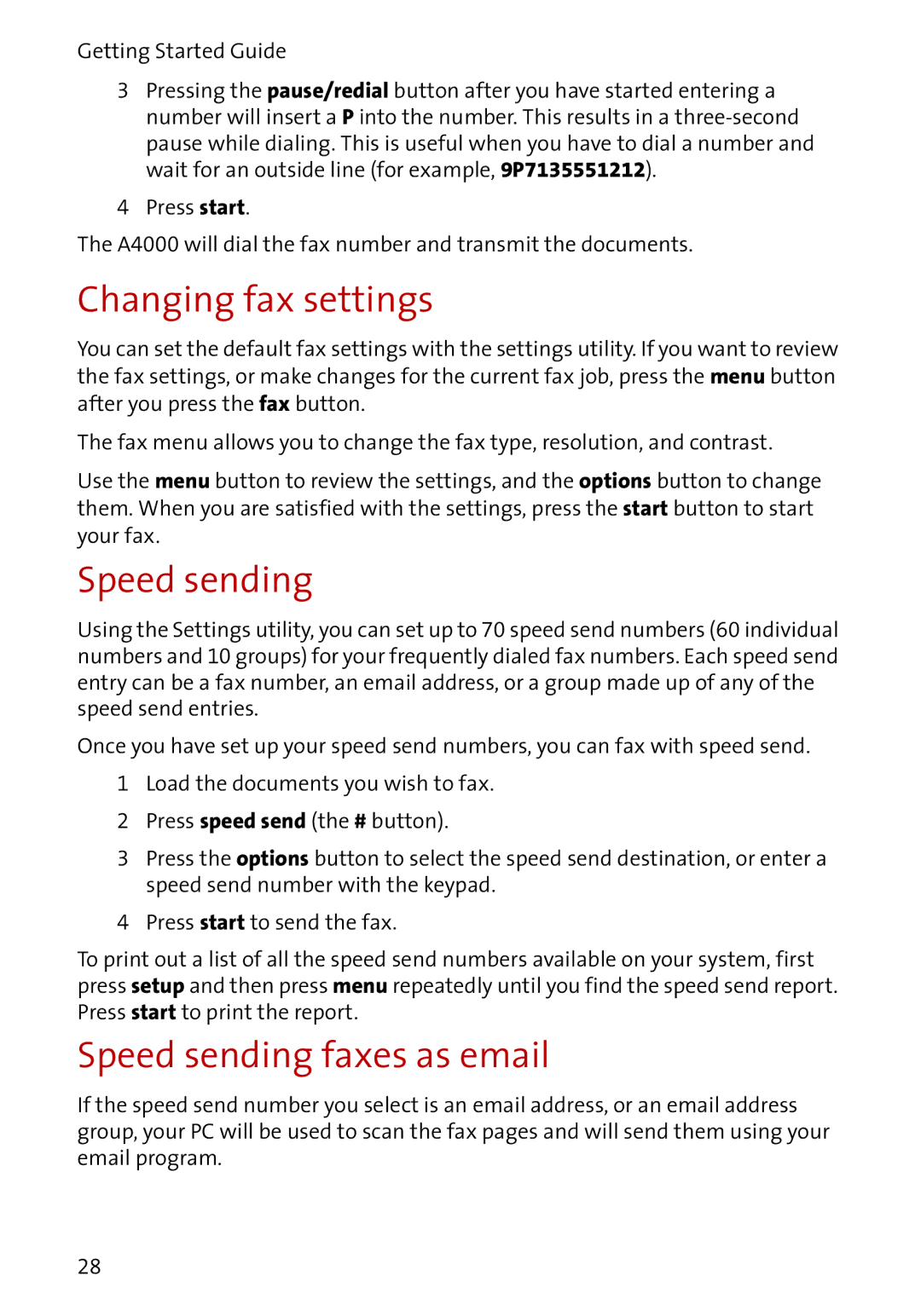 Compaq A4000 manual Changing fax settings, Speed sending faxes as email 