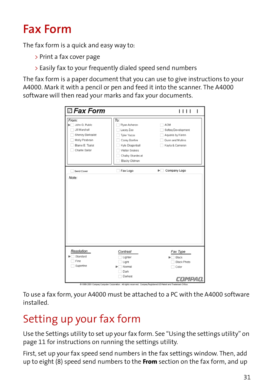 Compaq A4000 manual Fax Form, Setting up your fax form 