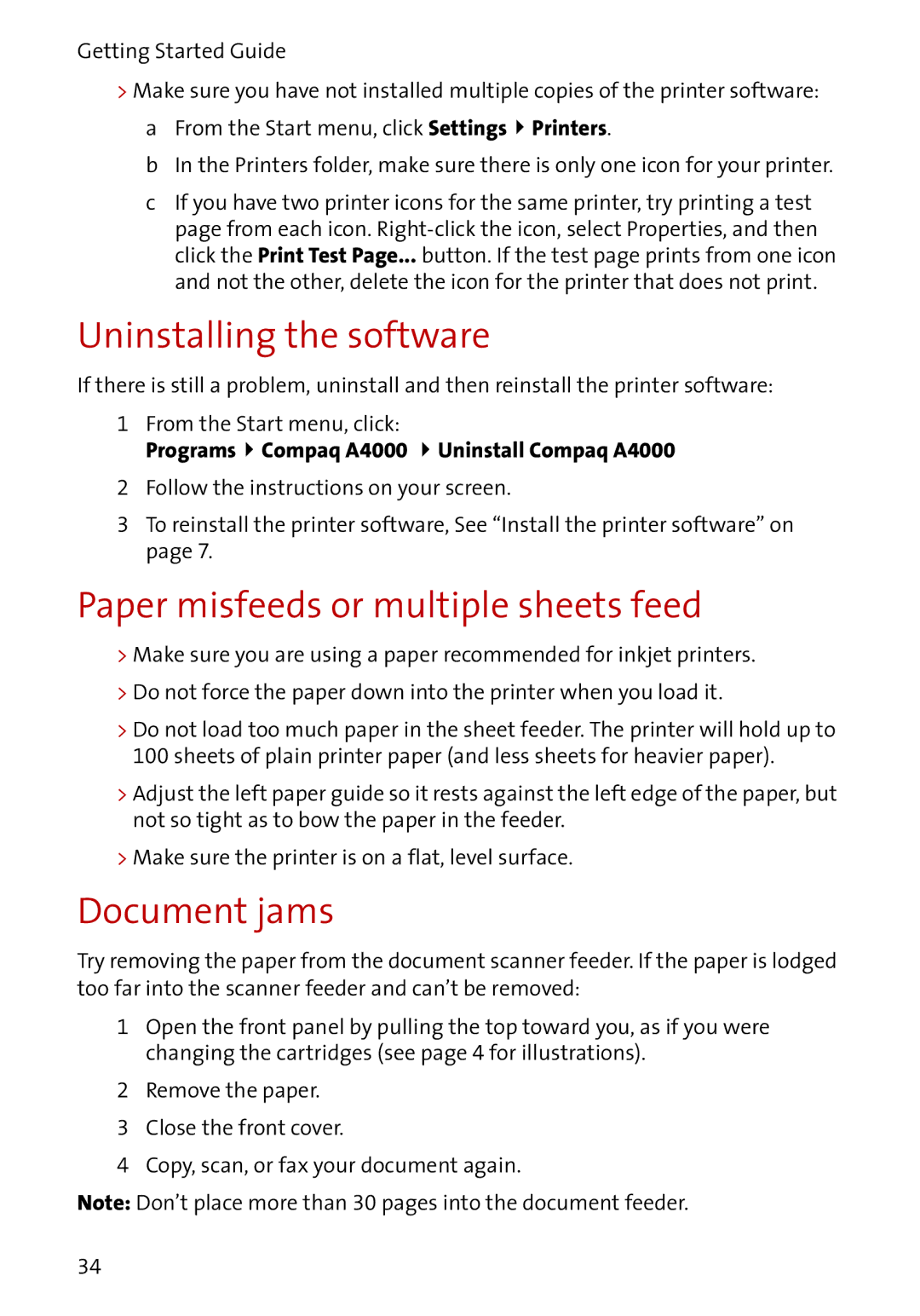 Compaq A4000 manual Uninstalling the software, Paper misfeeds or multiple sheets feed, Document jams 