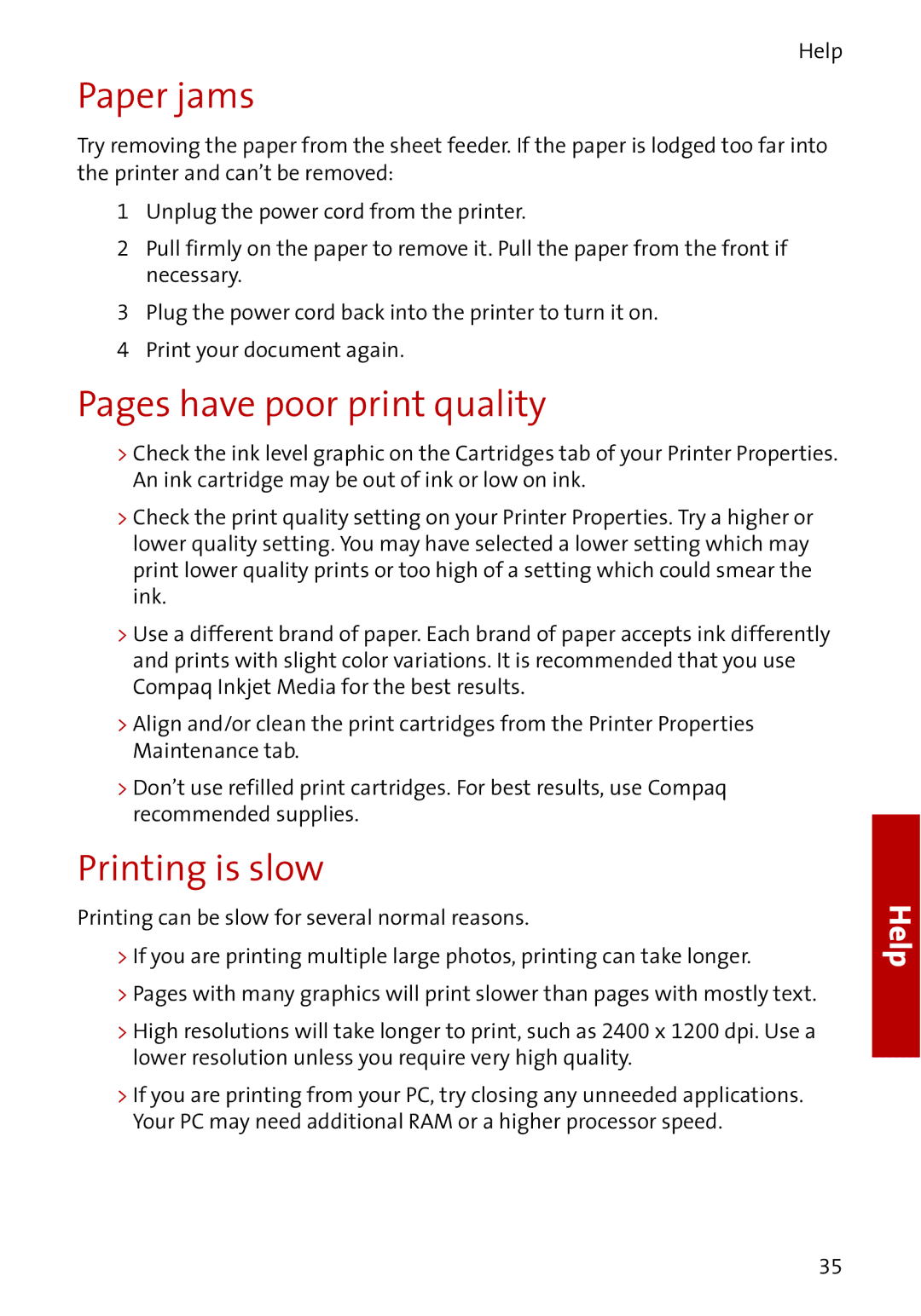 Compaq A4000 manual Paper jams, Pages have poor print quality, Printing is slow 