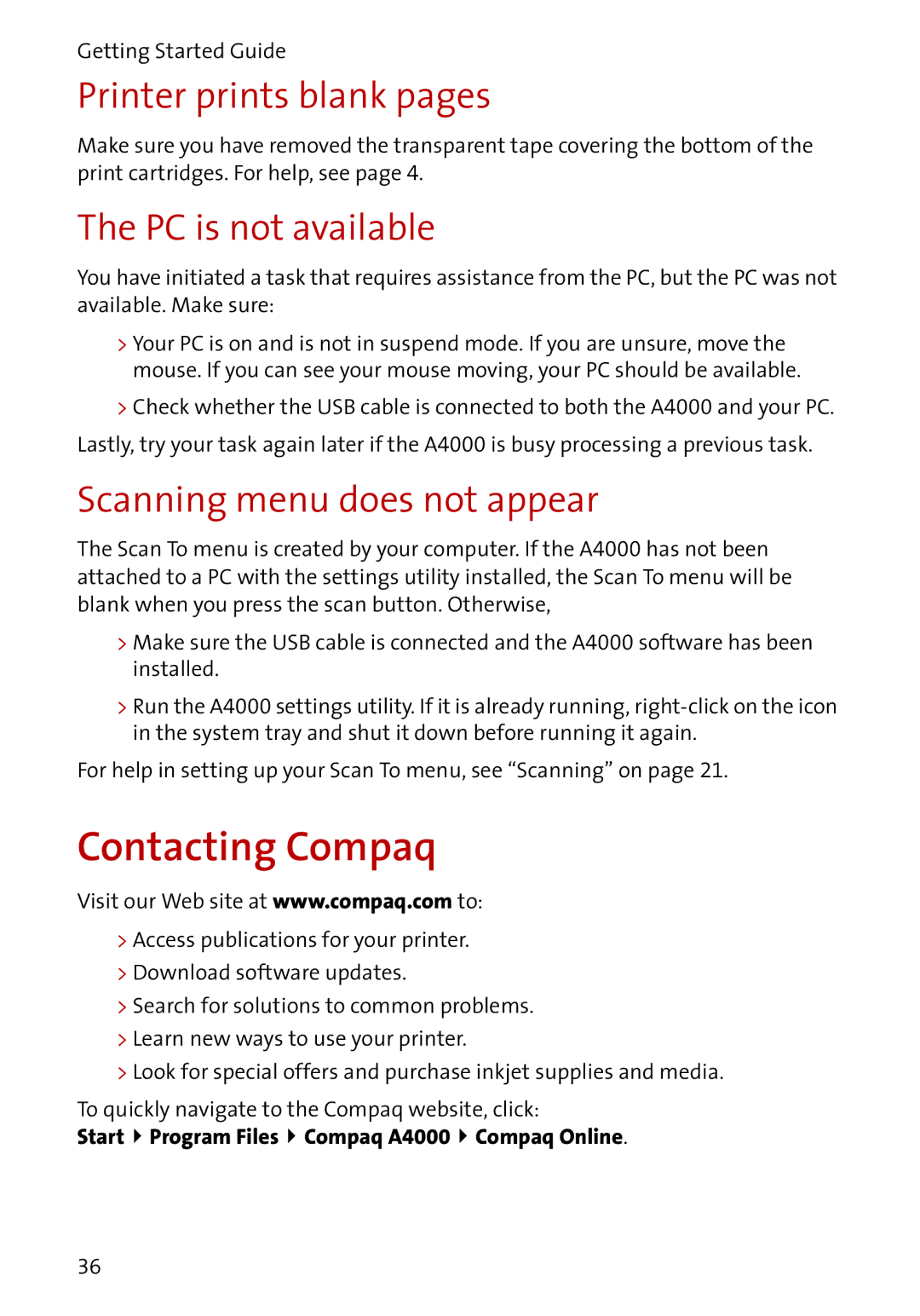 Compaq A4000 manual Printer prints blank pages, PC is not available, Scanning menu does not appear 