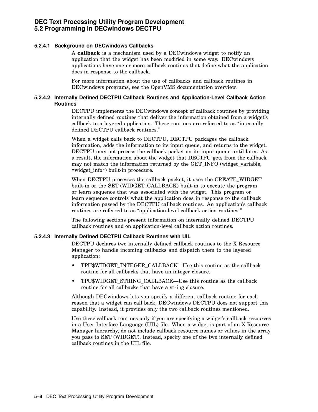 Compaq AA-PWCBD-TE manual Background on DECwindows Callbacks, Internally Deﬁned Dectpu Callback Routines with UIL 