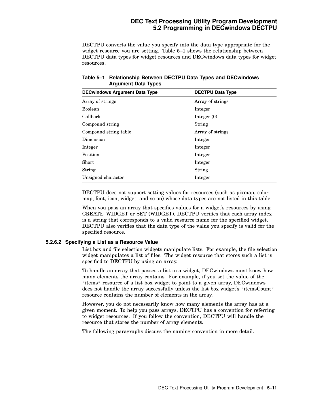 Compaq AA-PWCBD-TE manual Specifying a List as a Resource Value, DECwindows Argument Data Type Dectpu Data Type 