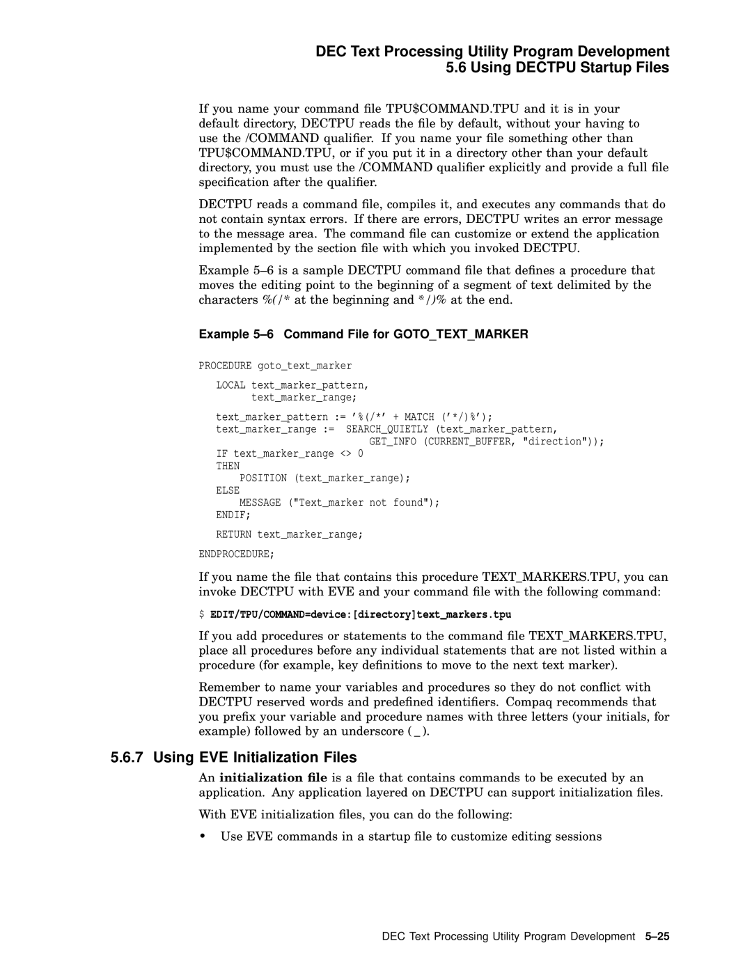 Compaq AA-PWCBD-TE manual Using EVE Initialization Files, Example 5-6 Command File for Gototextmarker 