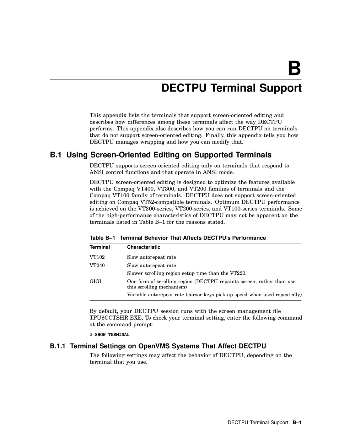 Compaq AA-PWCBD-TE manual Using Screen-Oriented Editing on Supported Terminals, Terminal Characteristic 