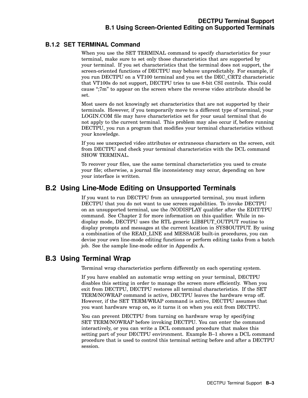 Compaq AA-PWCBD-TE manual Using Line-Mode Editing on Unsupported Terminals, Using Terminal Wrap, Show Terminal 