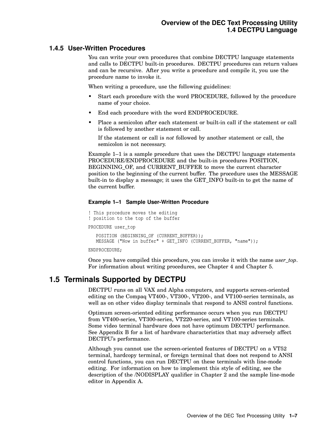 Compaq AA-PWCBD-TE manual Terminals Supported by Dectpu, Example 1-1 Sample User-Written Procedure 