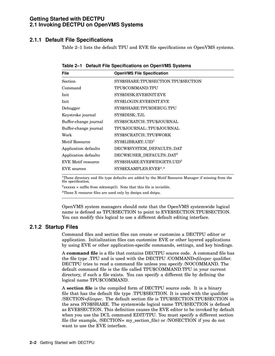 Compaq AA-PWCBD-TE manual Startup Files, Default File Speciﬁcations on OpenVMS Systems, File OpenVMS File Speciﬁcation 