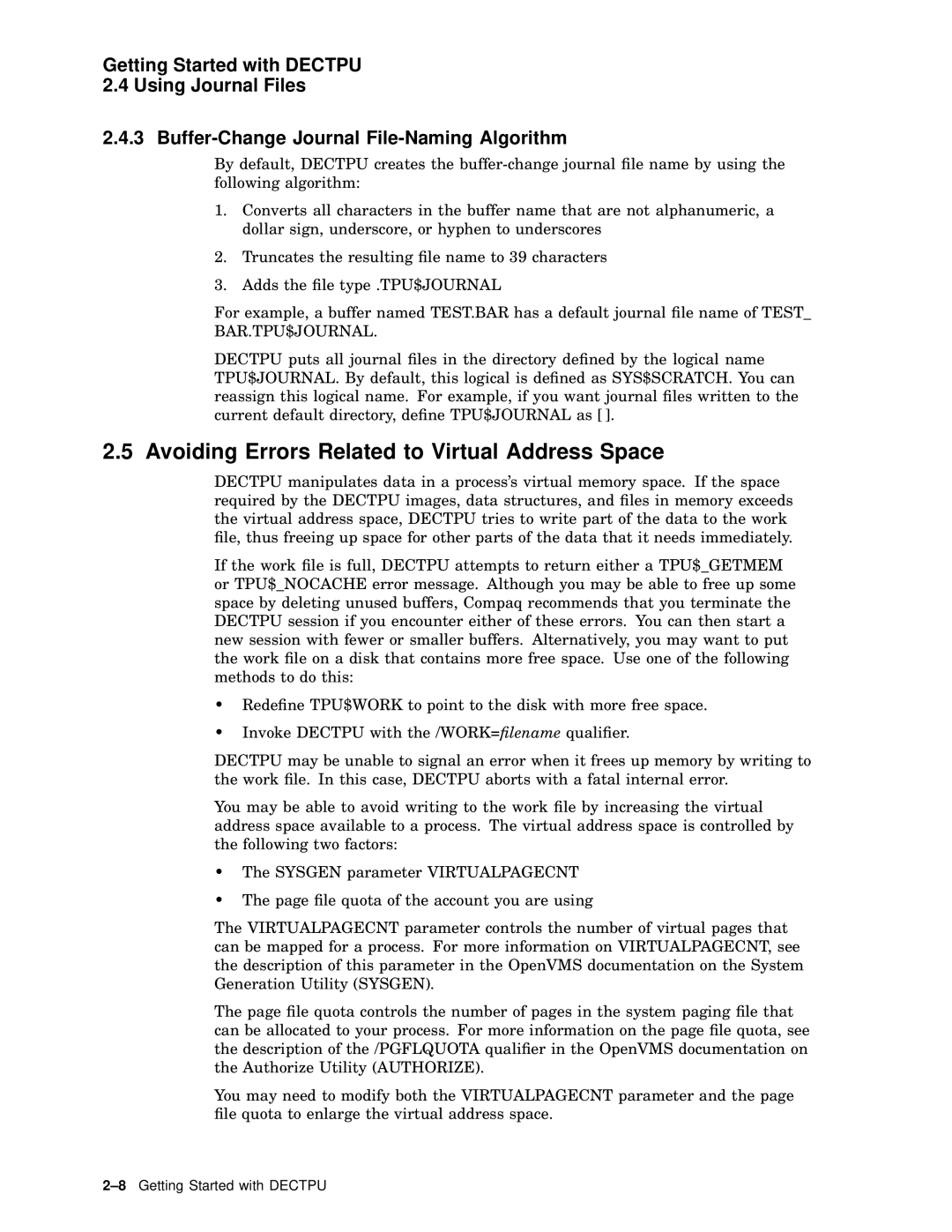 Compaq AA-PWCBD-TE manual Avoiding Errors Related to Virtual Address Space, Bar.Tpu$Journal 