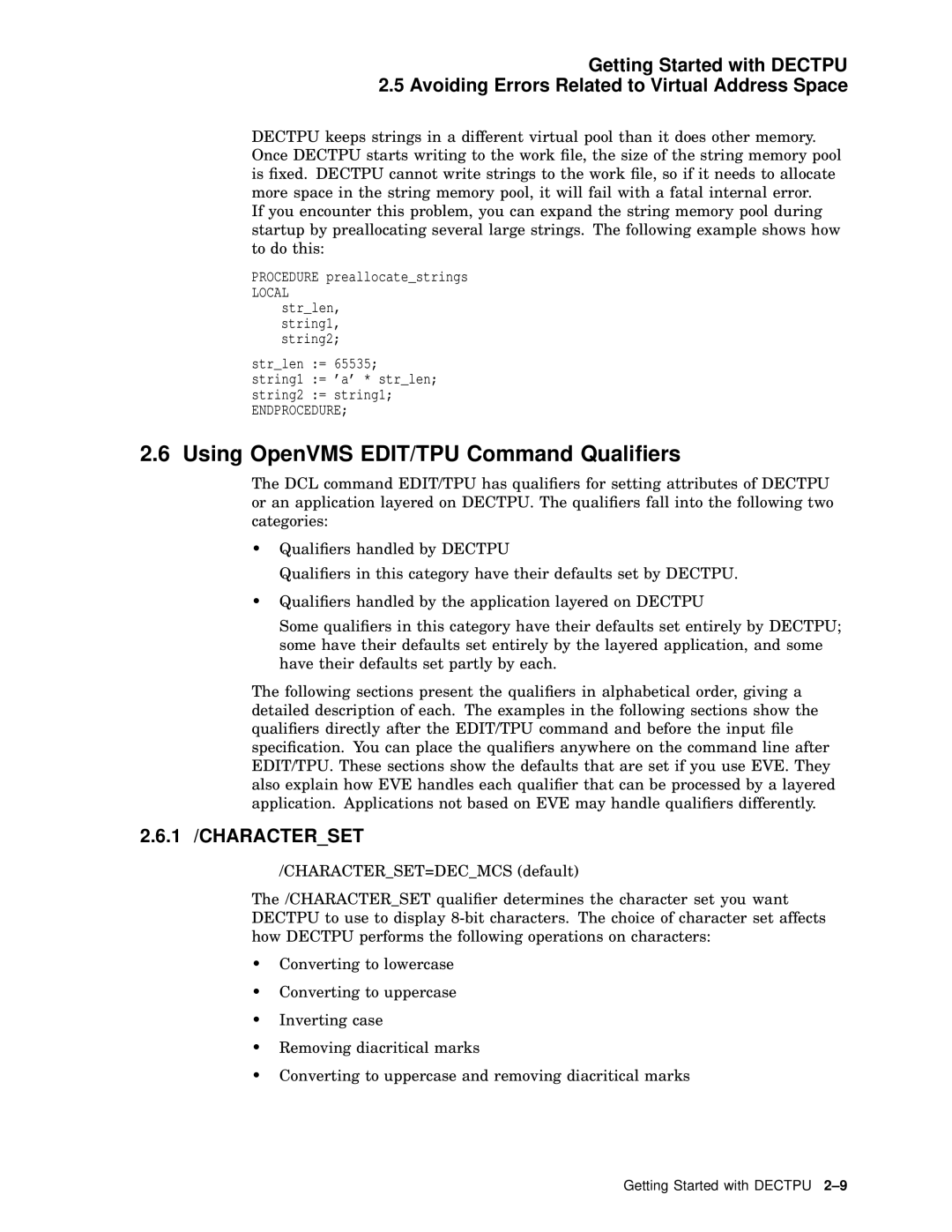 Compaq AA-PWCBD-TE manual Using OpenVMS EDIT/TPU Command Qualiﬁers, 1 /CHARACTERSET 