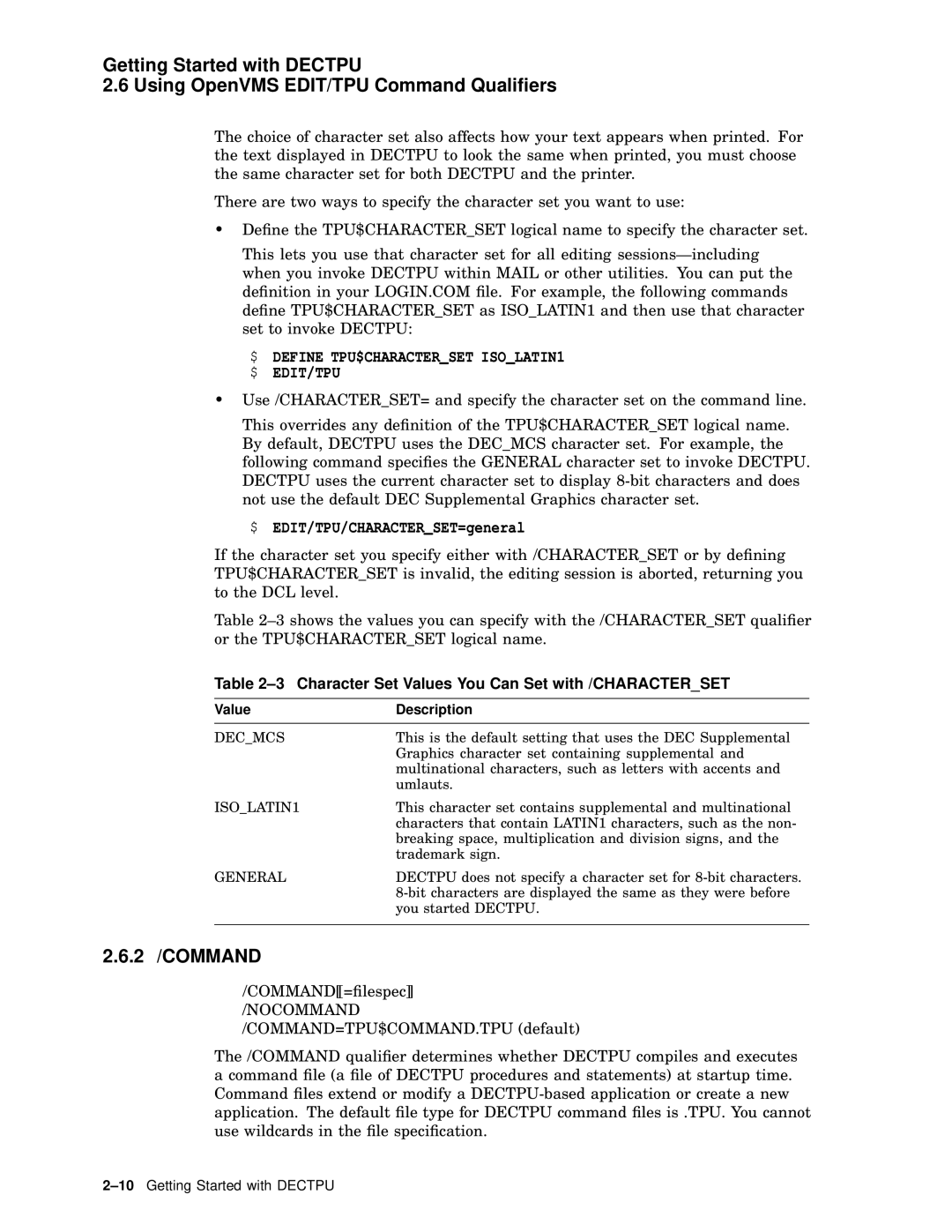 Compaq AA-PWCBD-TE manual 2 /COMMAND, Character Set Values You Can Set with /CHARACTERSET, Nocommand, Value Description 