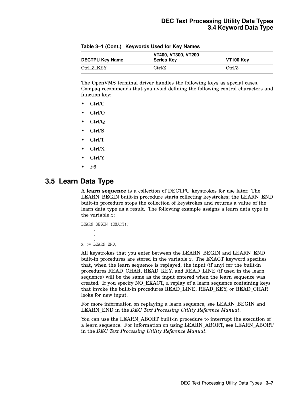 Compaq AA-PWCBD-TE manual Learn Data Type, Cont Keywords Used for Key Names 