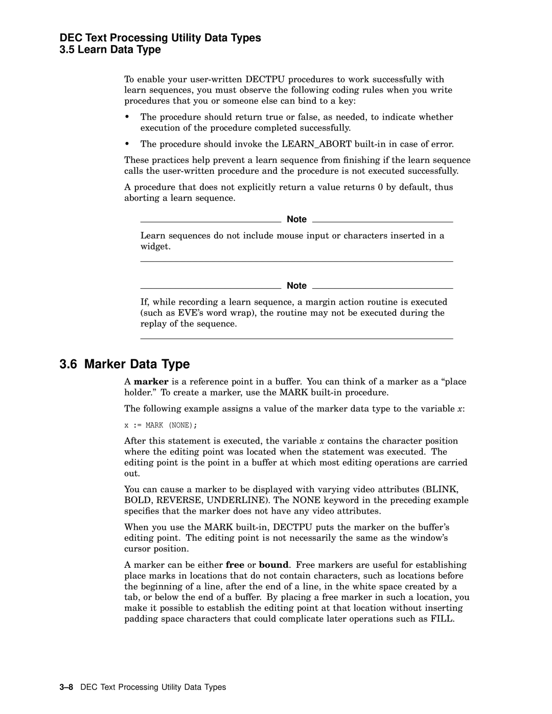 Compaq AA-PWCBD-TE manual Marker Data Type, DEC Text Processing Utility Data Types Learn Data Type 