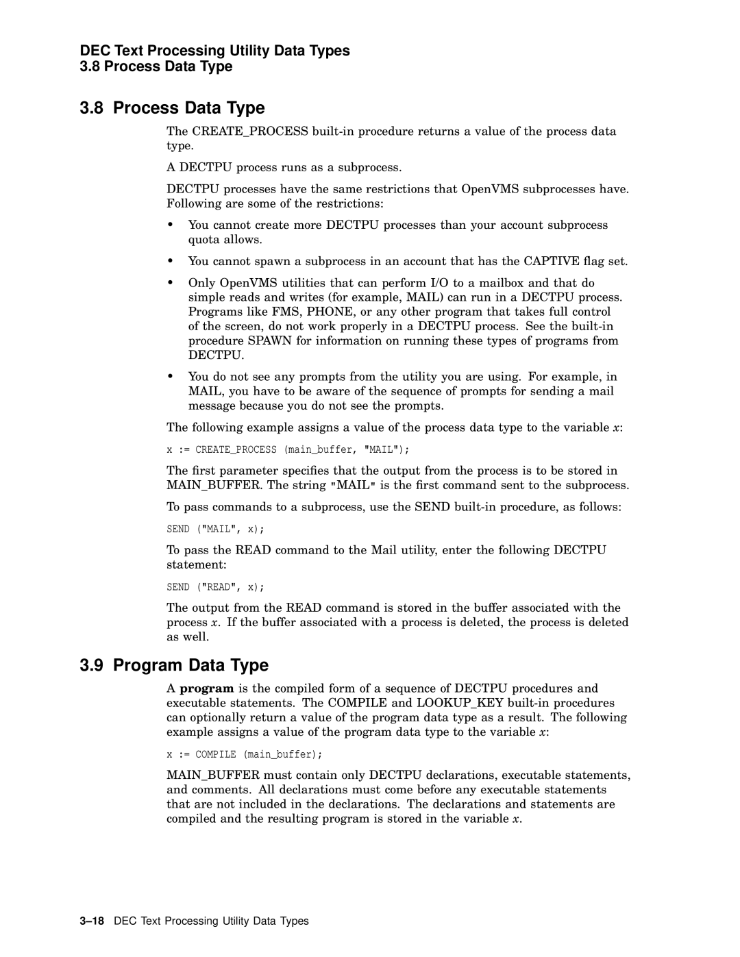 Compaq AA-PWCBD-TE manual Program Data Type, DEC Text Processing Utility Data Types Process Data Type 