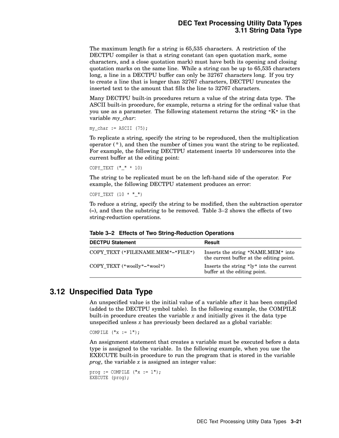 Compaq AA-PWCBD-TE Unspeciﬁed Data Type, DEC Text Processing Utility Data Types String Data Type, Dectpu Statement Result 