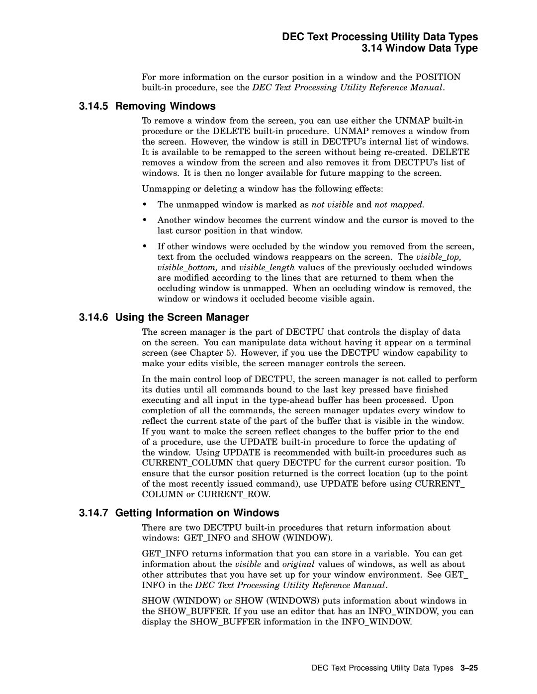 Compaq AA-PWCBD-TE DEC Text Processing Utility Data Types Window Data Type, Removing Windows, Using the Screen Manager 