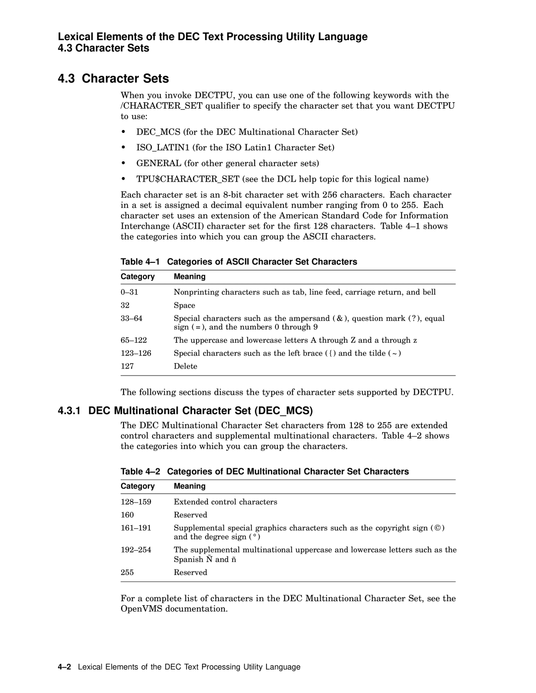 Compaq AA-PWCBD-TE Character Sets, DEC Multinational Character Set Decmcs, Categories of Ascii Character Set Characters 