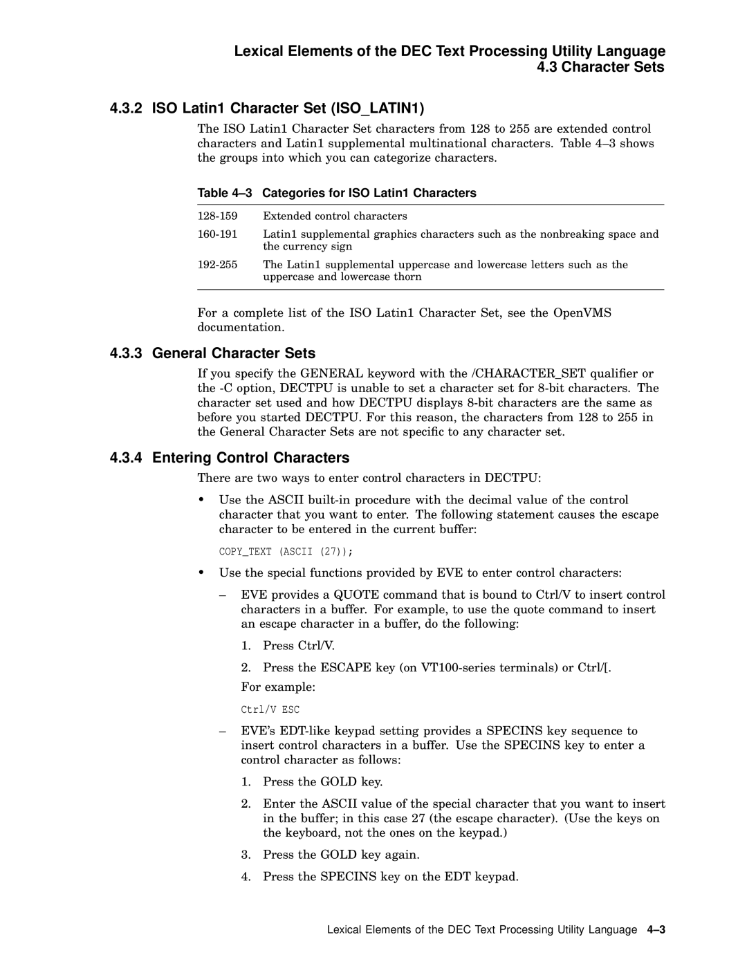 Compaq AA-PWCBD-TE manual General Character Sets, Entering Control Characters, Categories for ISO Latin1 Characters 