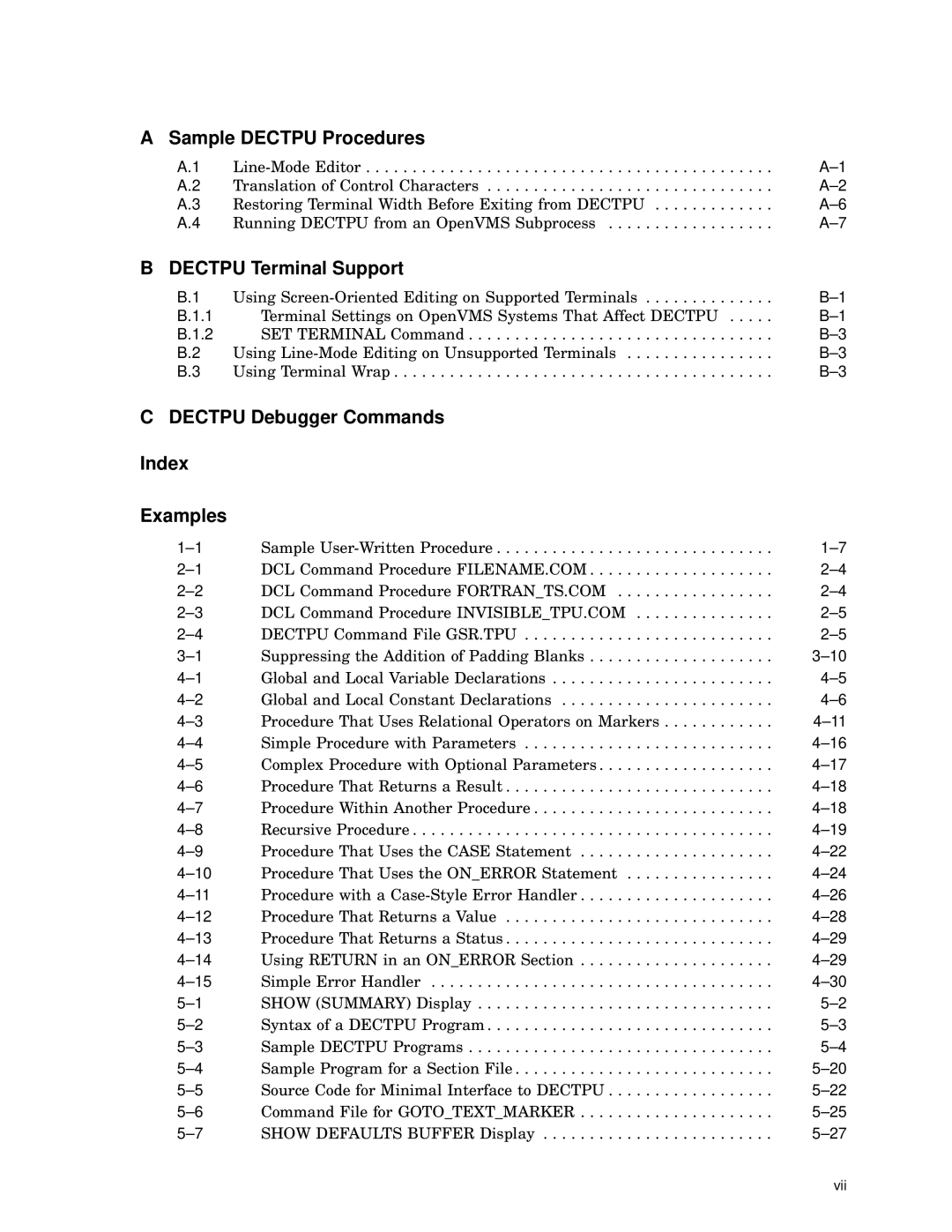 Compaq AA-PWCBD-TE manual Sample Dectpu Procedures, Dectpu Terminal Support, Dectpu Debugger Commands Index Examples 