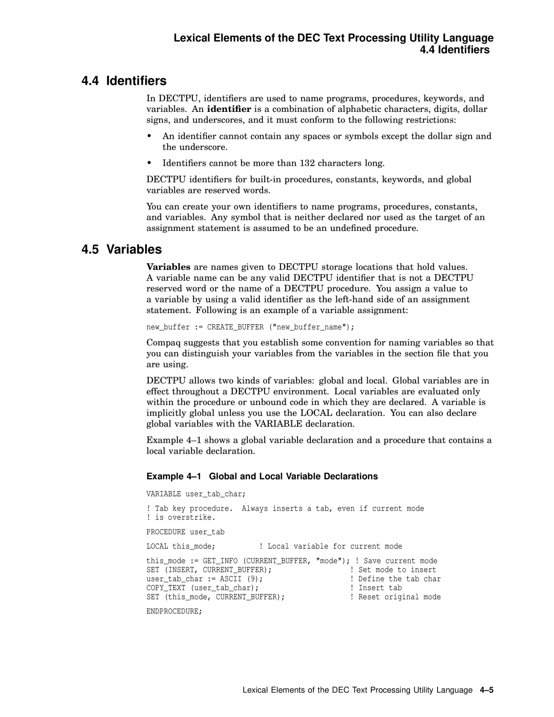 Compaq AA-PWCBD-TE manual Identiﬁers, Variables, Example 4-1 Global and Local Variable Declarations 