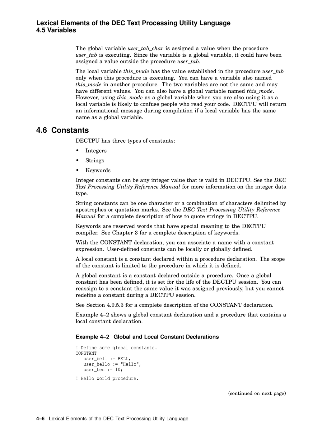 Compaq AA-PWCBD-TE manual Constants, Example 4-2 Global and Local Constant Declarations 