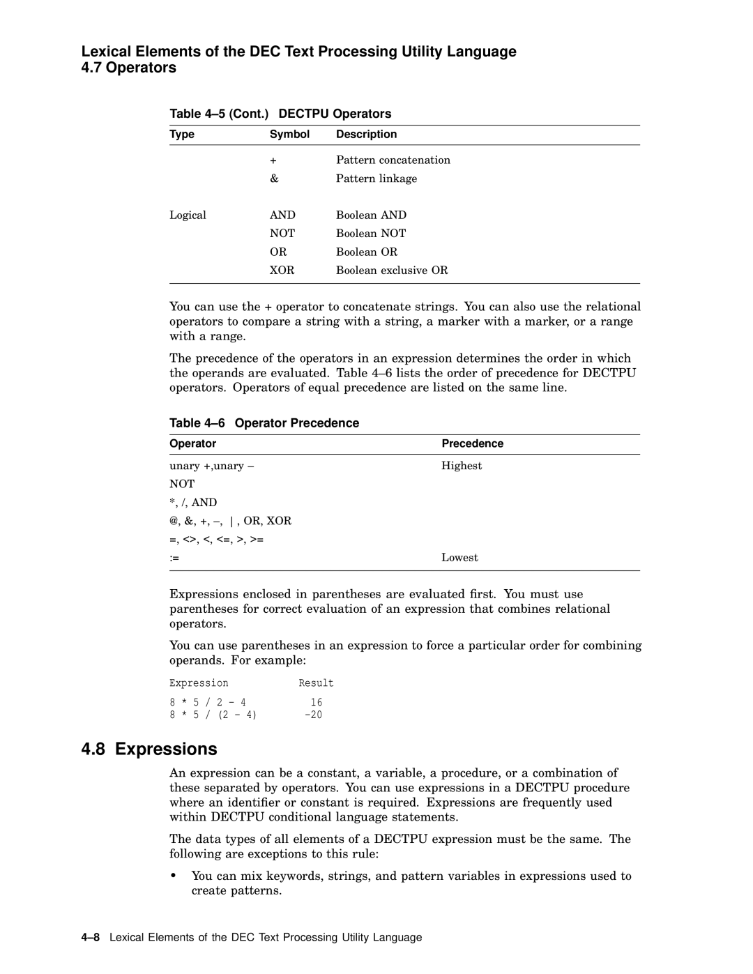 Compaq AA-PWCBD-TE manual Expressions, Cont. Dectpu Operators, Operator Precedence 