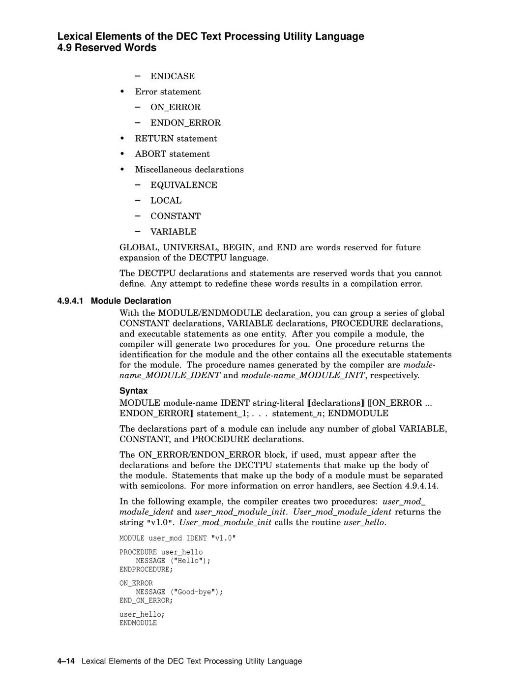 Compaq AA-PWCBD-TE manual Endcase, Onerror Endonerror, Equivalence Local Constant Variable, Module Declaration, Syntax 