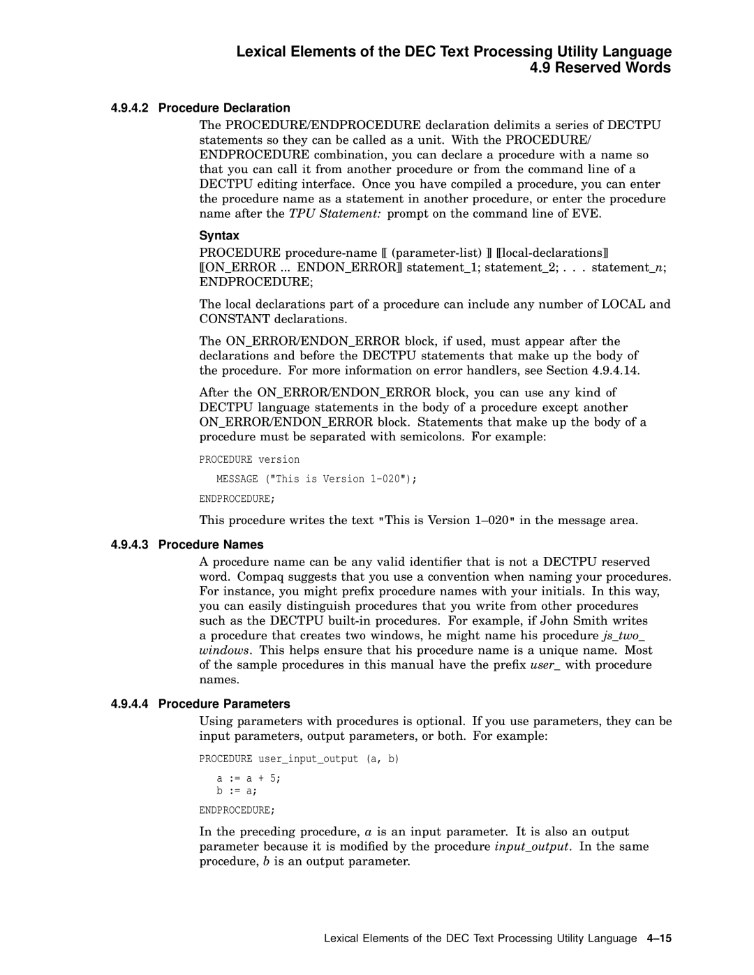 Compaq AA-PWCBD-TE manual Procedure Declaration, Endprocedure, Procedure Names, Procedure Parameters 