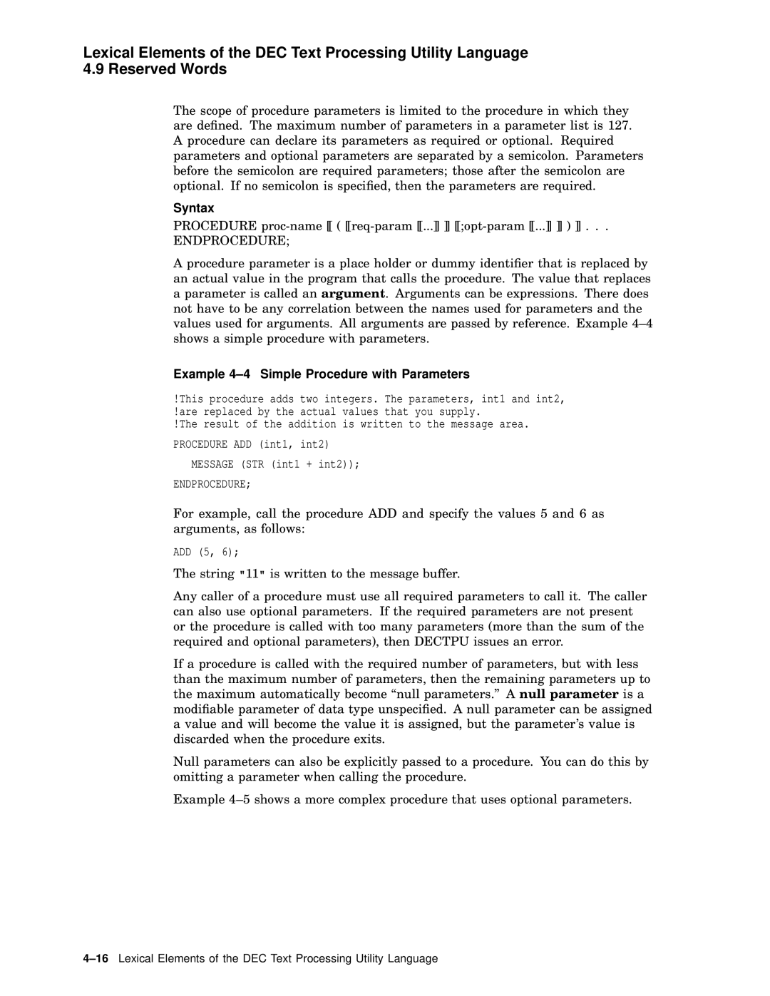 Compaq AA-PWCBD-TE manual Example 4-4 Simple Procedure with Parameters 