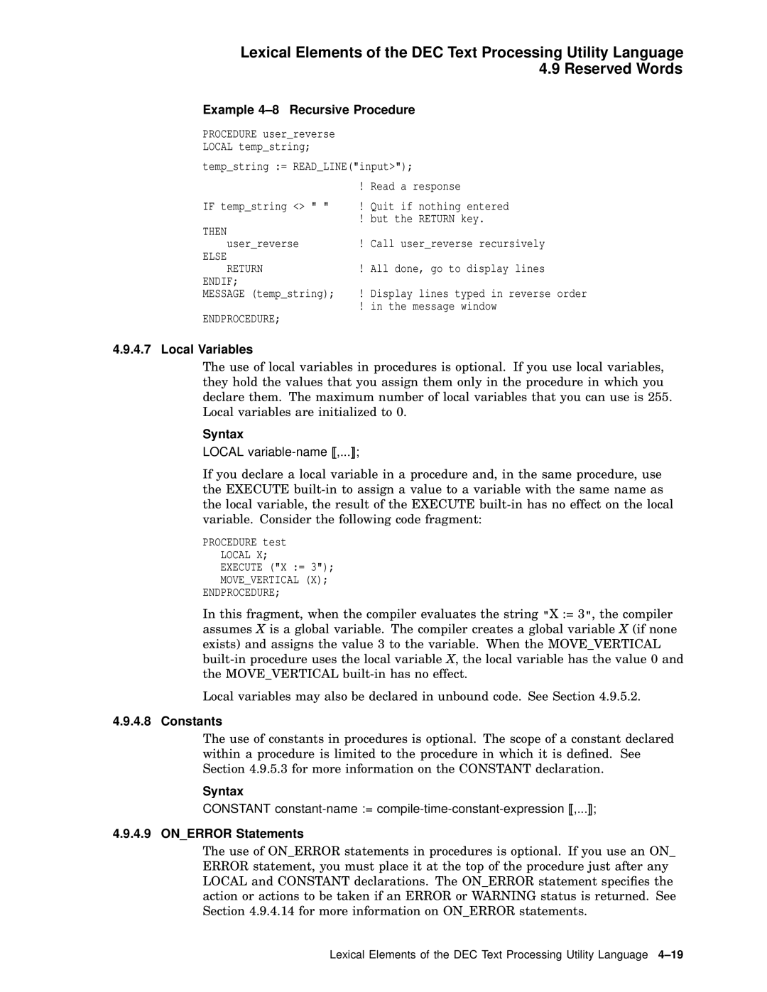 Compaq AA-PWCBD-TE manual Example 4-8 Recursive Procedure, Local Variables, Constants, Onerror Statements 