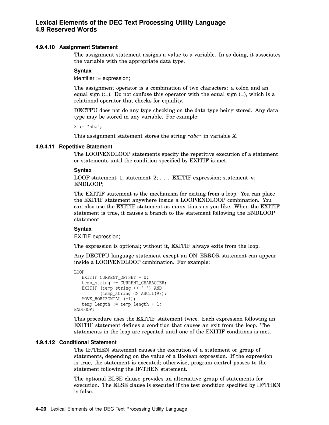 Compaq AA-PWCBD-TE manual Assignment Statement, Repetitive Statement, Endloop, Conditional Statement 