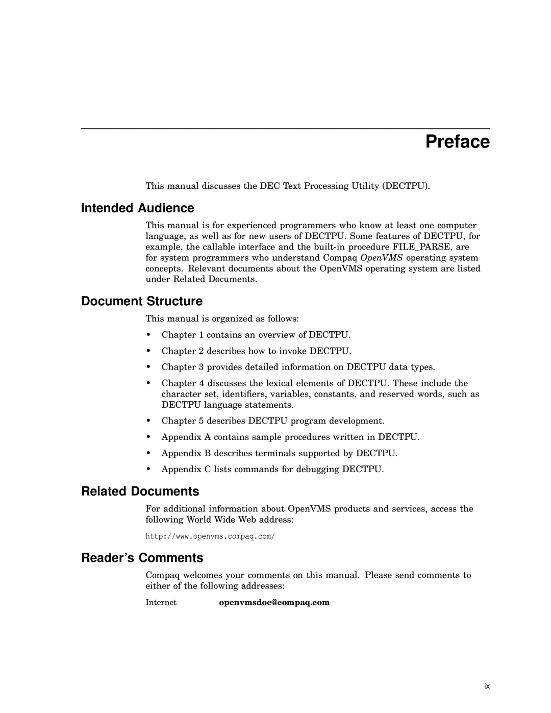 Compaq AA-PWCBD-TE manual Intended Audience, Document Structure, Related Documents, Reader’s Comments 