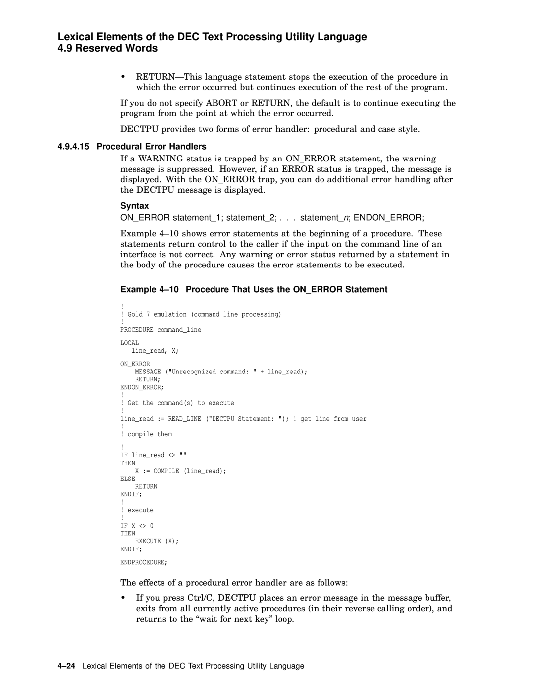 Compaq AA-PWCBD-TE manual Procedural Error Handlers, Example 4-10 Procedure That Uses the Onerror Statement 