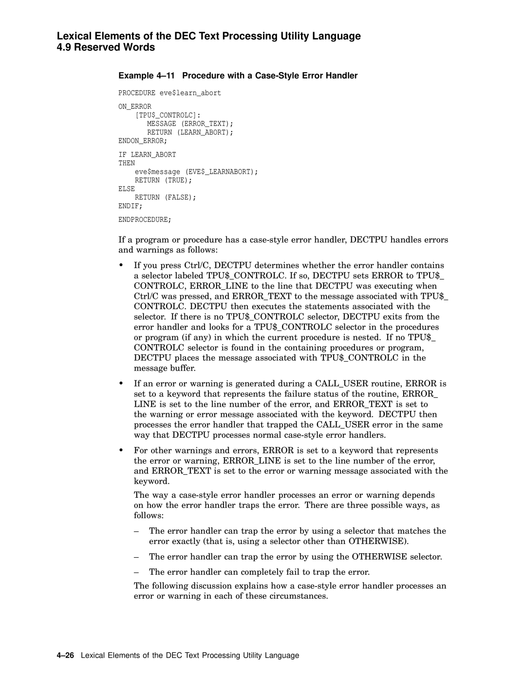 Compaq AA-PWCBD-TE manual Example 4-11 Procedure with a Case-Style Error Handler 