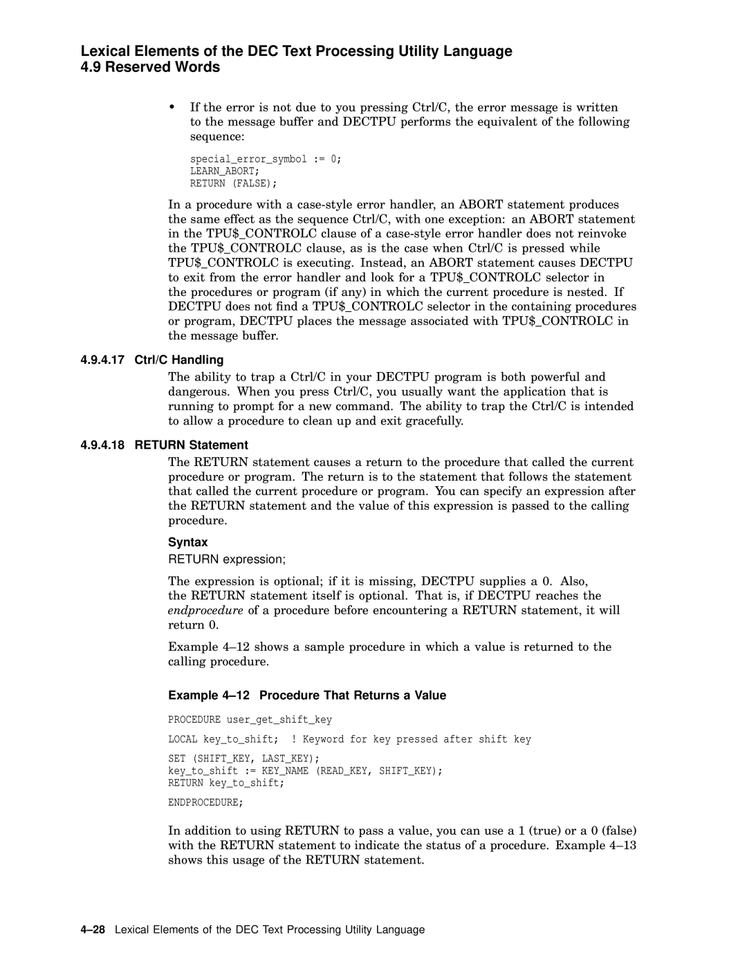 Compaq AA-PWCBD-TE manual Ctrl/C Handling, Return Statement, Example 4-12 Procedure That Returns a Value 