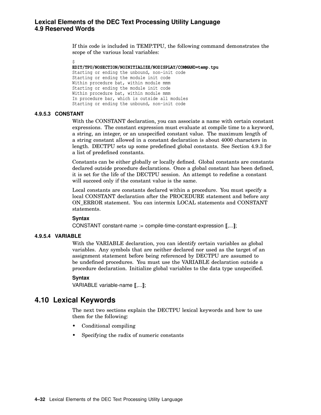 Compaq AA-PWCBD-TE manual Lexical Keywords, EDIT/TPU/NOSECTION/NOINITIALIZE/NODISPLAY/COMMAND=temp.tpu, Constant, Variable 