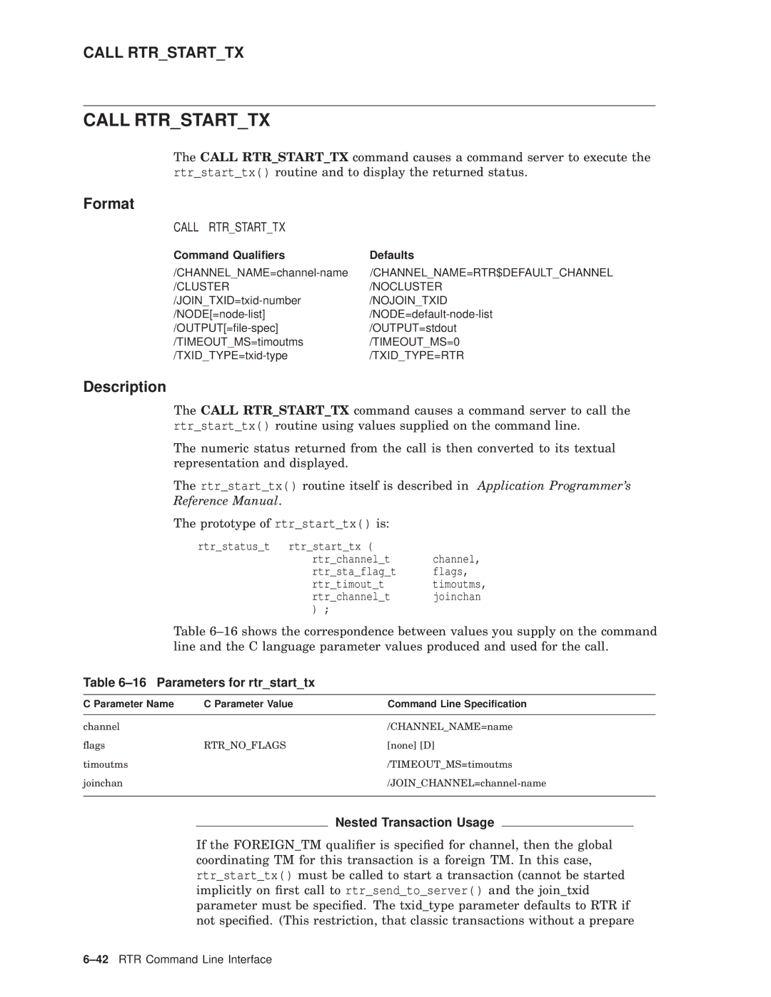 Compaq AA-Q88CE-TE manual Call Rtrstarttx, Parameters for rtrstarttx, Nested Transaction Usage 