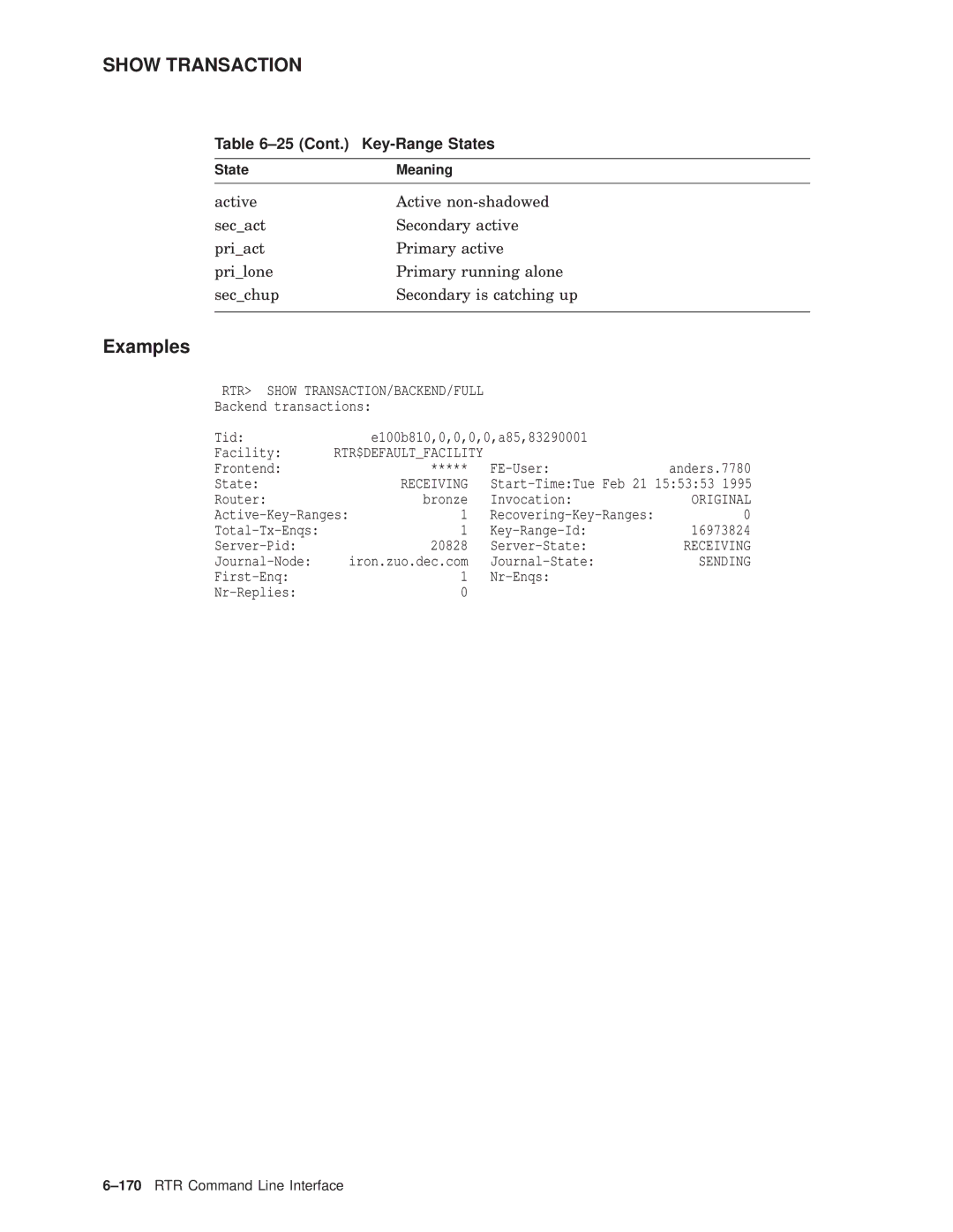 Compaq AA-Q88CE-TE manual Key-Range States, RTR Show TRANSACTION/BACKEND/FULL, Receiving, Original, Sending 