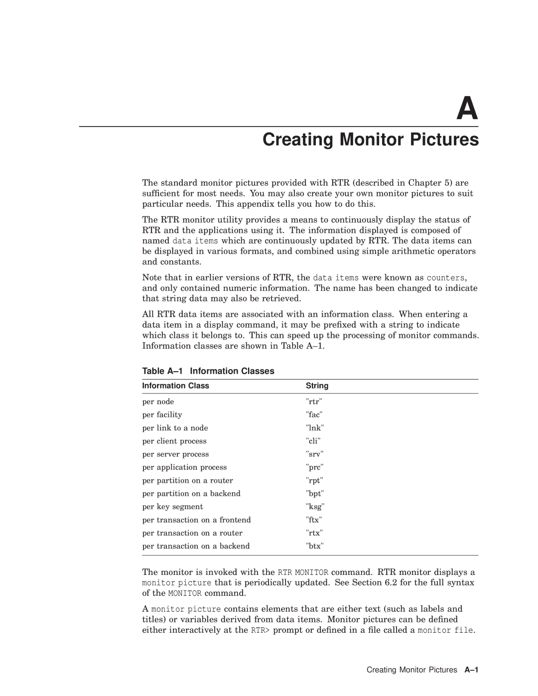 Compaq AA-Q88CE-TE manual Creating Monitor Pictures, Table A-1 Information Classes 