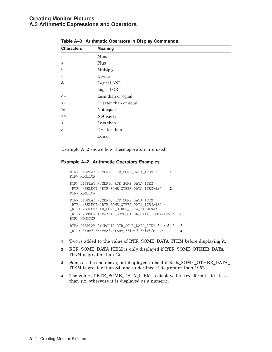 Compaq AA-Q88CE-TE manual Table A-3 Arithmetic Operators in Display Commands, Example A-2 Arithmetic Operators Examples 