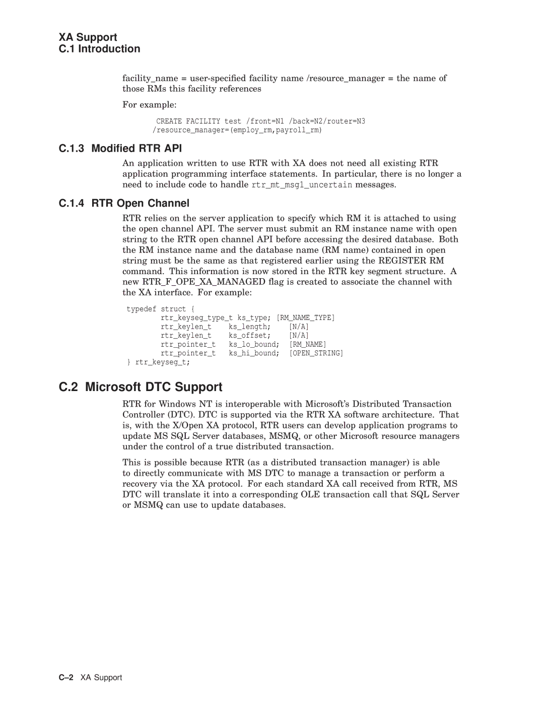 Compaq AA-Q88CE-TE manual Microsoft DTC Support, XA Support Introduction, Modiﬁed RTR API, RTR Open Channel 