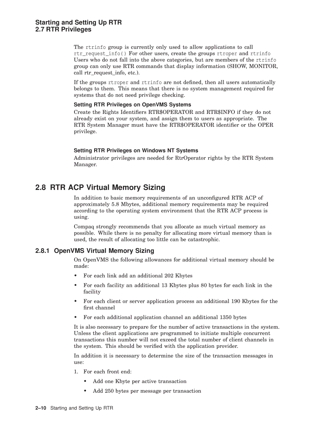 Compaq AA-Q88CE-TE manual RTR ACP Virtual Memory Sizing, Starting and Setting Up RTR RTR Privileges 