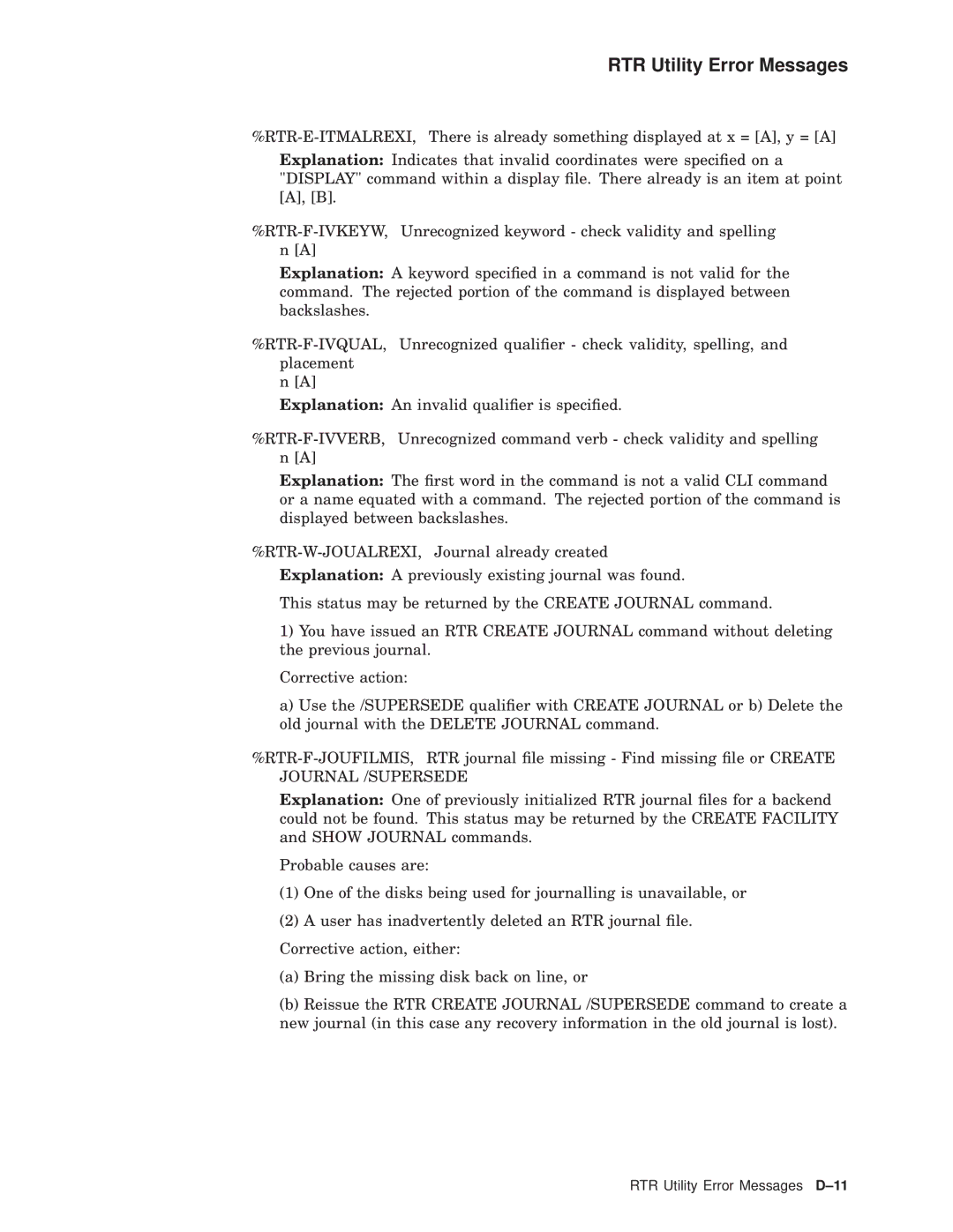 Compaq AA-Q88CE-TE manual RTR Utility Error Messages D-11 