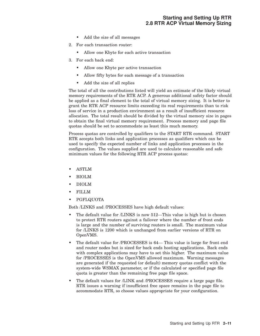 Compaq AA-Q88CE-TE manual Starting and Setting Up RTR RTR ACP Virtual Memory Sizing, Astlm Biolm Diolm Fillm Pgflquota 