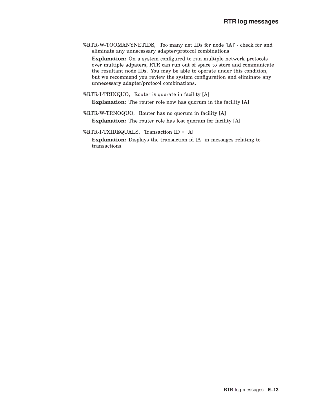 Compaq AA-Q88CE-TE manual RTR log messages E-13 