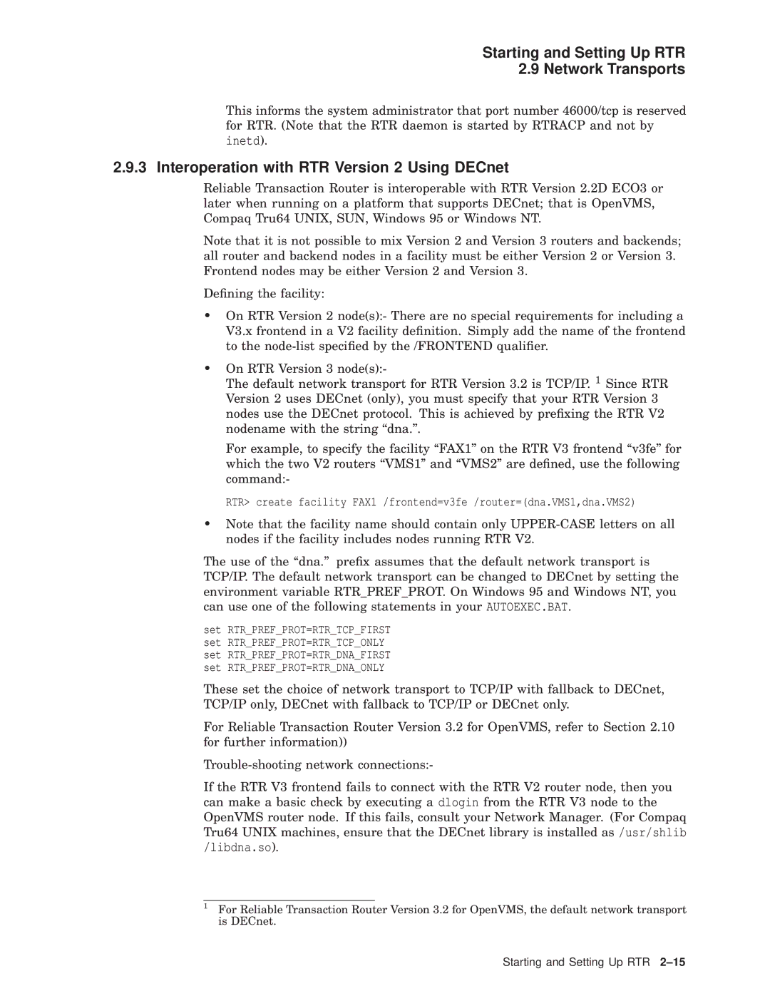 Compaq AA-Q88CE-TE manual Starting and Setting Up RTR Network Transports, Interoperation with RTR Version 2 Using DECnet 