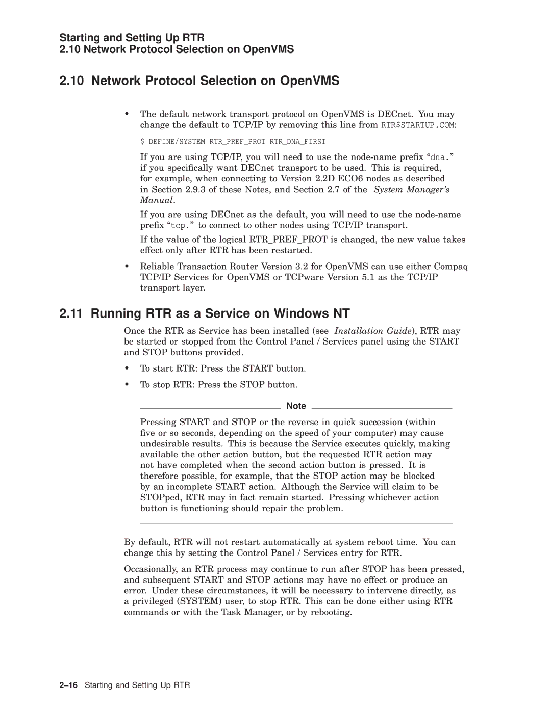 Compaq AA-Q88CE-TE manual Network Protocol Selection on OpenVMS, Running RTR as a Service on Windows NT 